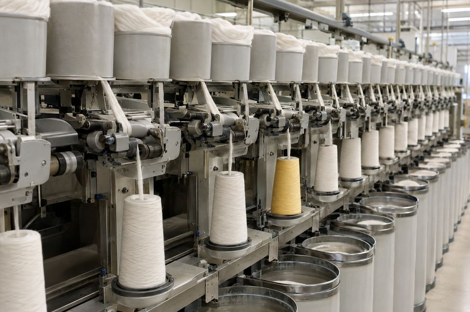 Reihe von Spinnstellen mit laufenden Baumwollfäden in einer Spinnerei