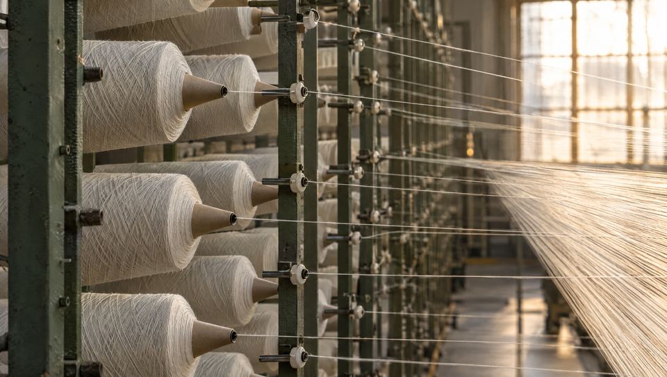 Spulengatter mit naturweißen Garnkonen, die Fäden laufen durch Porzellanösen und bündeln sich im Gegenlicht