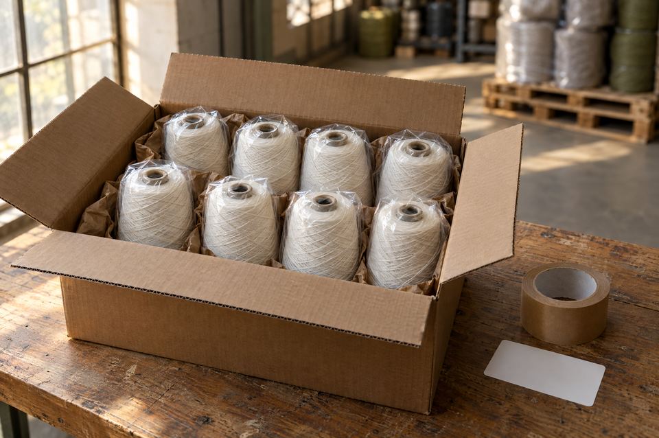 Geöffneter Versandkarton auf dem Packtisch, darin naturweiße Garnkonen in Schutzfolie, daneben Klebeband und ein leeres Versandetikett